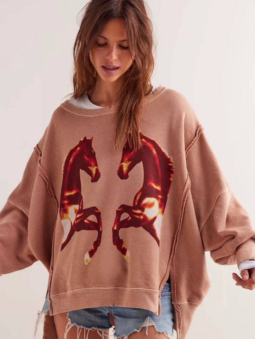 Free People Graphic Camden Pullover Sweatshirt Mirrored Horses L
